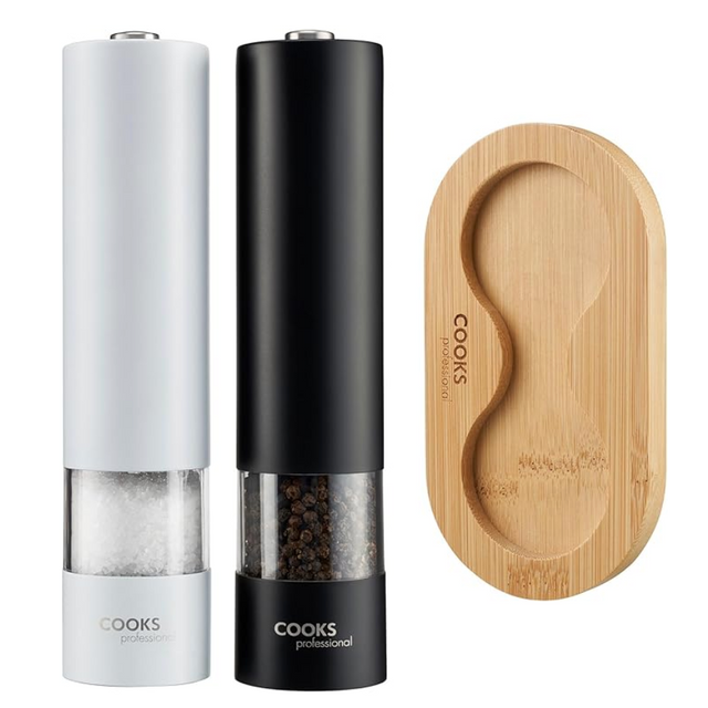 Cooks Professional Electric Salt and Pepper Mill Set with Bamboo Base | Black / White