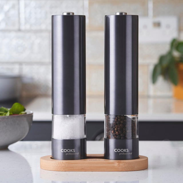 Cooks Professional Electric Salt and Pepper Mill Set with Bamboo Base | Graphite