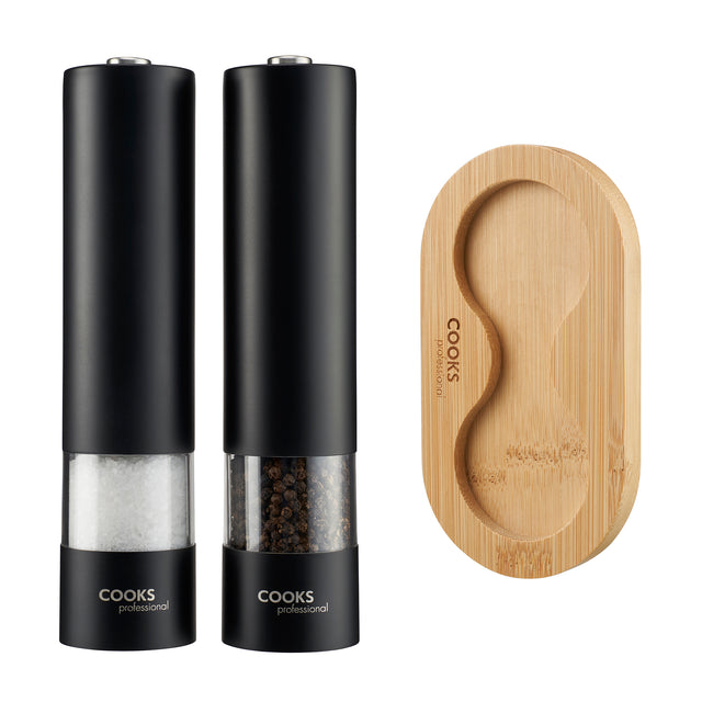 Cooks Professional Electric Salt and Pepper Mill Set with Bamboo Base | Matt Black