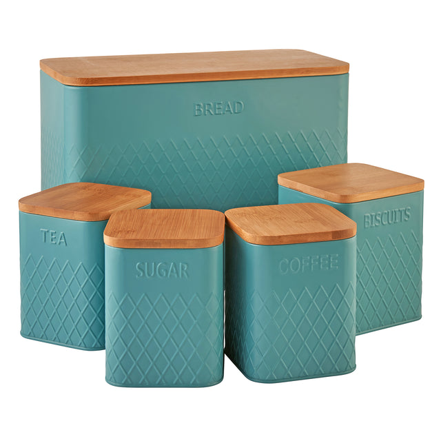 Cooks Professional 5 Piece Square Kitchen Storage Set with Bamboo Lids | Teal