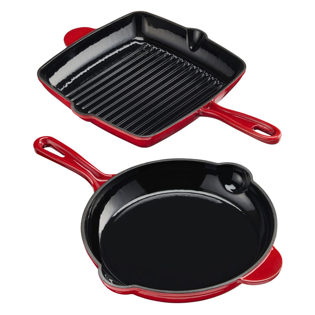 Cook Professional Cast Iron Frying Pan & Skillet 2 Piece Set | Red