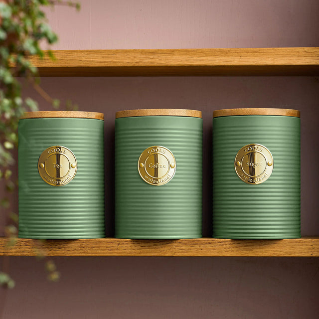 Cooks Professional 3 Piece Kitchen Storage Set with Bamboo Lids | Green / Brass