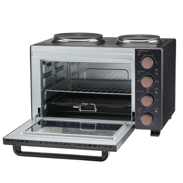 Cooks Professional 28L Mini Oven with 2 Hobs | Black / Copper