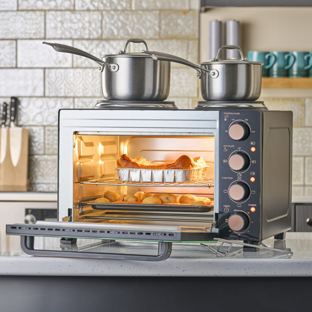 Cooks Professional 28L Mini Oven with 2 Hobs | Black / Copper