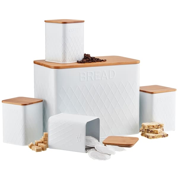 Cooks Professional 5 Piece Square Kitchen Storage Set with Bamboo Lids | White