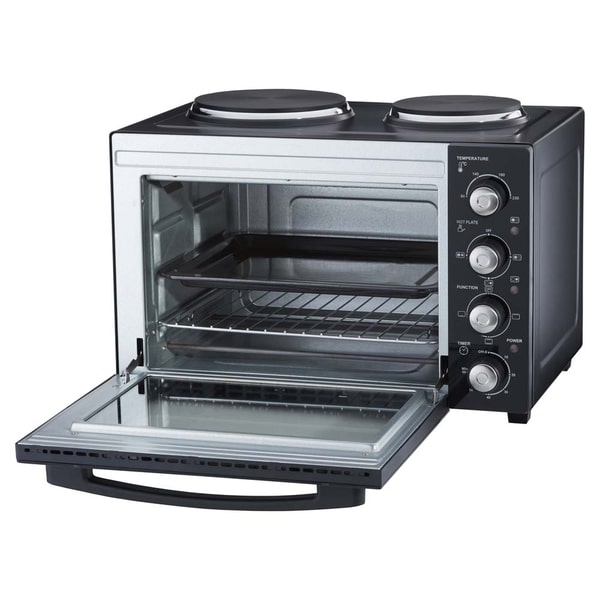 Cooks Professional 34L Mini Oven with 2 Hobs | Black / Silver