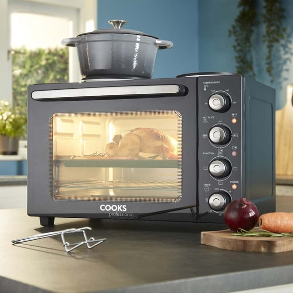 Cooks Professional 34L Mini Oven with 2 Hobs | Black / Silver