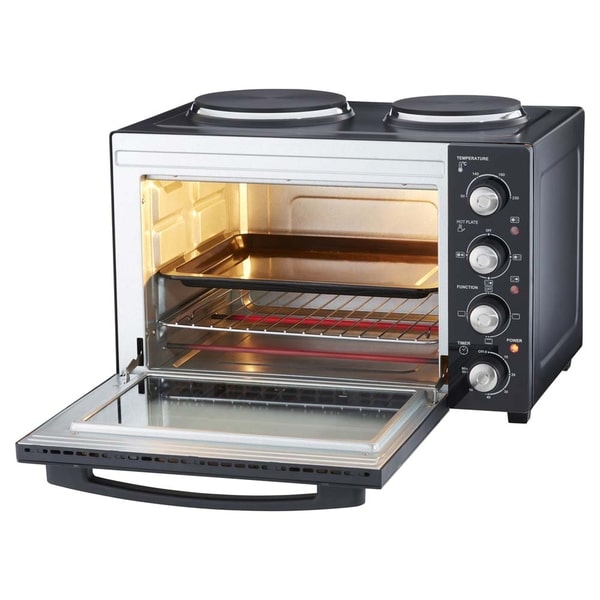 Cooks Professional 34L Mini Oven with 2 Hobs | Black / Silver