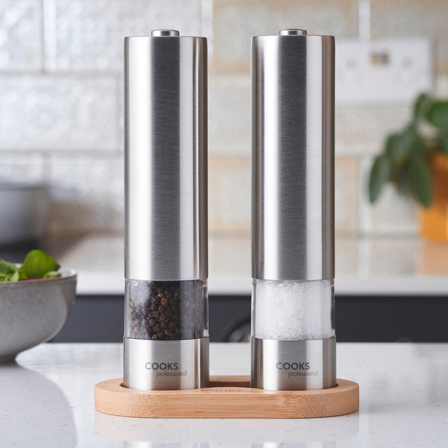 Cooks Professional Electric Salt and Pepper Mill Set with Bamboo Base | Stainless Steel