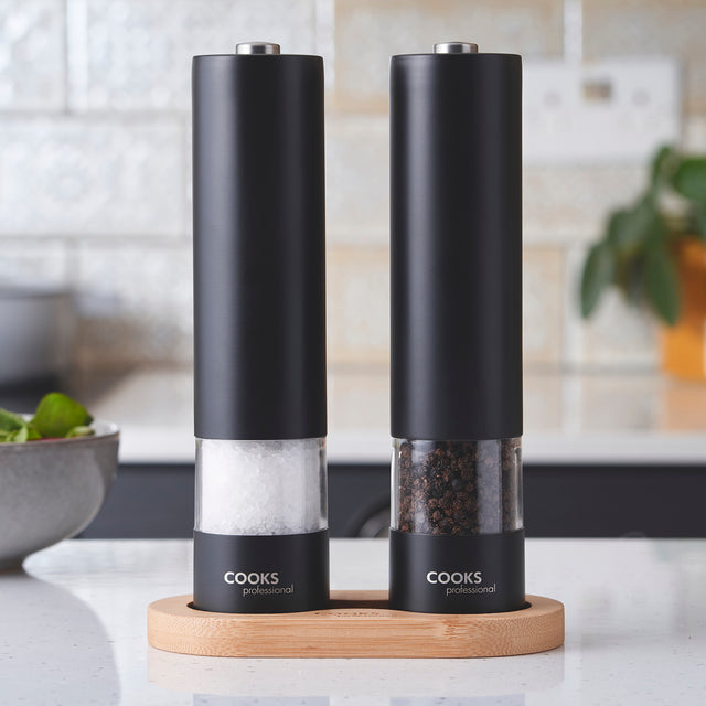 Cooks Professional Electric Salt and Pepper Mill Set with Bamboo Base | Matt Black