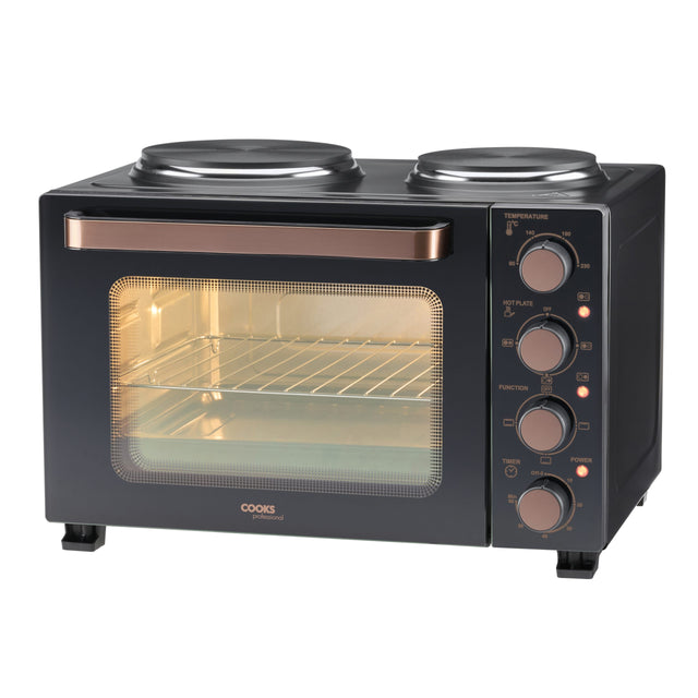 Cooks Professional 28L Mini Oven with 2 Hobs | Black / Copper