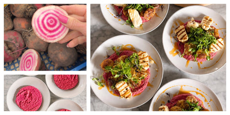 Smashed Potatoes with Beetroot & Cannellini Bean Dip