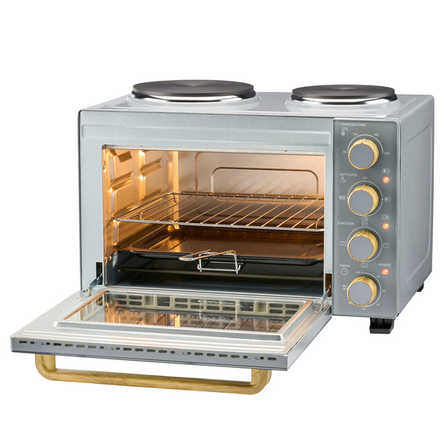 Cooks Professional Mini Oven | 28 Litre with 2 Hobs | Powerful 3200W | Grey Nordic
