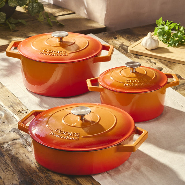 Cooks Professional Set of 3 Cast Iron Casserole | 20cm, 26cm and 28cm | Orange