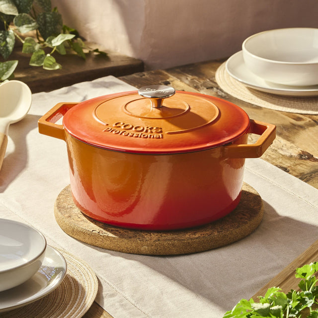 Cooks Professional Set of 3 Cast Iron Casserole | 20cm, 26cm and 28cm | Orange