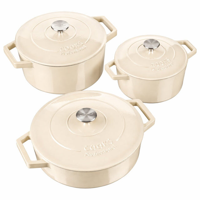 Cooks Professional Set of 3 Cast Iron Casserole | 20cm, 26cm and 28cm | Ivory