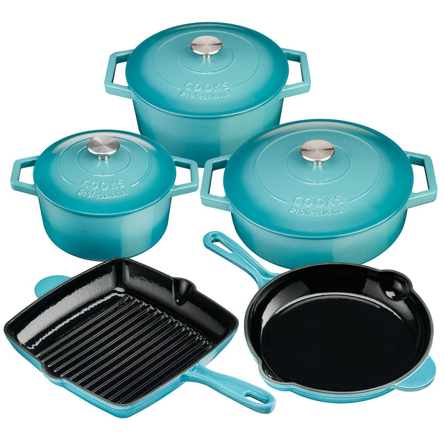 Cooks Professional Set of 5 Cast Iron | Teal