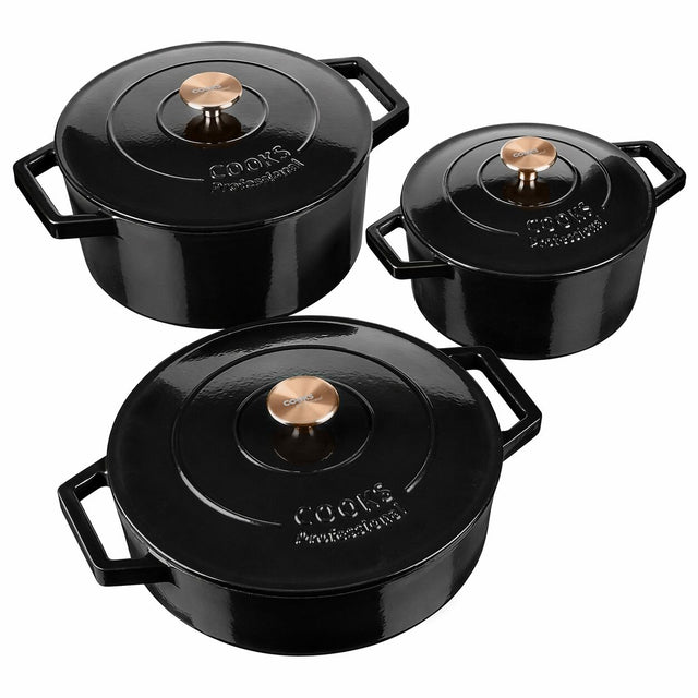 Cooks Professional Set of 3 Cast Iron Casserole | 20cm, 26cm and 28cm | Black