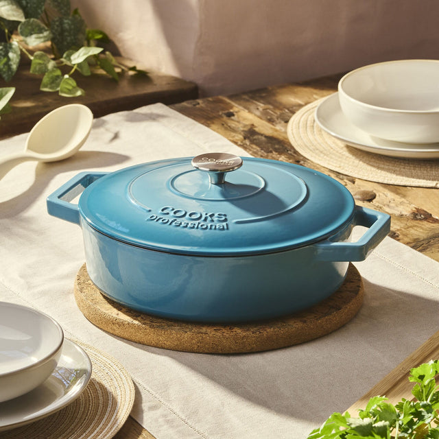 Cooks Professional Set of 3 Cast Iron Casserole | 20cm, 26cm and 28cm | Teal