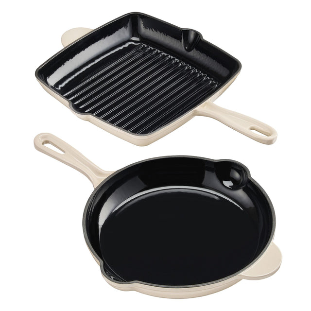 Cook Professional Cast Iron Frying Pan & Skillet 2 Piece Set | Ivory