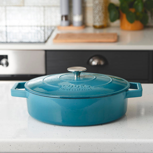 Cooks Professional Cast Iron Casserole 28cm Shallow | 4.3L Capacity | Enamelled Inside and Out | Graduated Teal