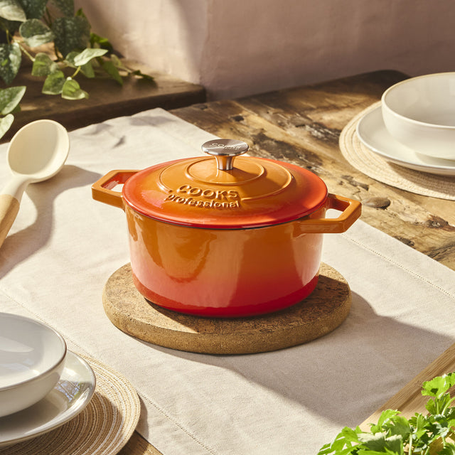 Cooks Professional Set of 3 Cast Iron Casserole | 20cm, 26cm and 28cm | Orange