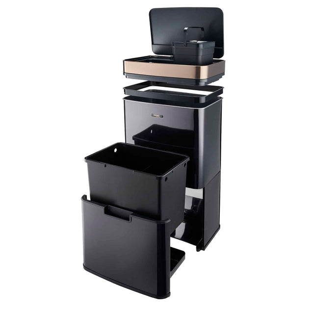 Cooks Professional Recycling Sensor Bin | 75L | 3 Compartments plus Food Caddy | Stainless Steel | Black and Copper