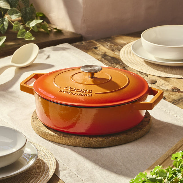 Cooks Professional Set of 3 Cast Iron Casserole | 20cm, 26cm and 28cm | Orange