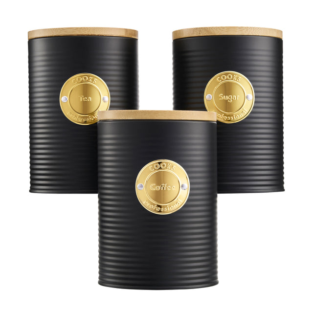 Cooks Professional 3 Piece Kitchen Storage Set with Bamboo Lids | Black / Gold