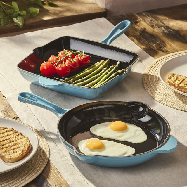Cook Professional Cast Iron Frying Pan & Skillet 2 Piece Set | Teal
