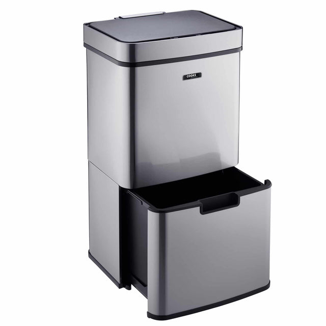 Cooks Professional Recycling Sensor Bin | 75L | 3 Compartments plus Food Caddy | Stainless Steel | Silver