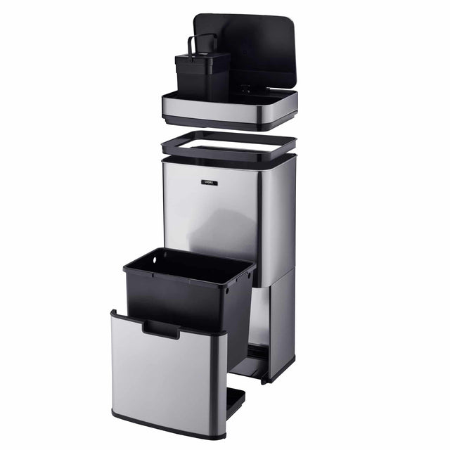 Cooks Professional Recycling Sensor Bin | 75L | 3 Compartments plus Food Caddy | Stainless Steel | Silver