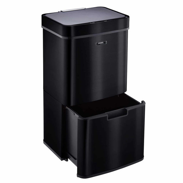 Cooks Professional Recycling Sensor Bin | 75L | 3 Compartments plus Food Caddy | Stainless Steel | Black