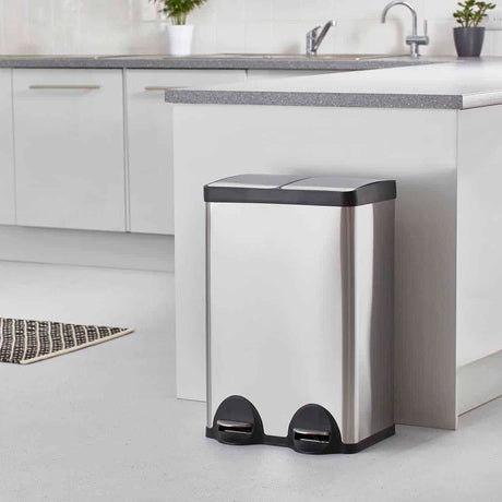 Cooks Professional Dual Recycle Kitchen Pedal Bin 60L | Dual Pedal | 2 x 30L Removable Compartments | Silver
