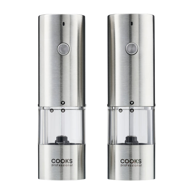 Cooks Professional Rechargeable Salt and Pepper Mill Set with Bamboo Base | Silver