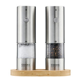 Cooks Professional Rechargeable Salt and Pepper Mill Set with Bamboo Base | Silver