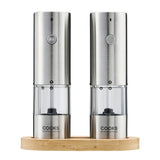 Cooks Professional Rechargeable Salt and Pepper Mill Set with Bamboo Base | Silver
