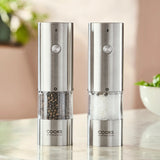 Cooks Professional Rechargeable Salt and Pepper Mill Set with Bamboo Base | Silver