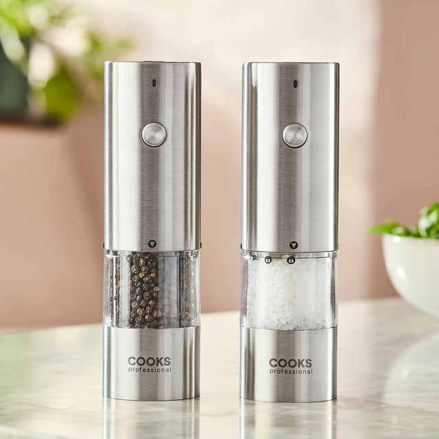 Cooks Professional Rechargeable Salt and Pepper Mill Set with Bamboo Base | Silver