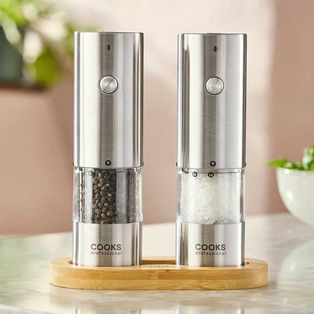 Cooks Professional Rechargeable Salt and Pepper Mill Set with Bamboo Base | Silver