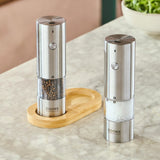 Cooks Professional Rechargeable Salt and Pepper Mill Set with Bamboo Base | Silver