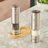 Cooks Professional Rechargeable Salt and Pepper Mill Set with Bamboo Base | Silver
