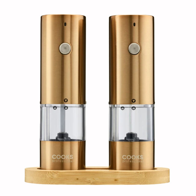 Cooks Professional Rechargeable Salt and Pepper Mill Set with Bamboo Base | Copper