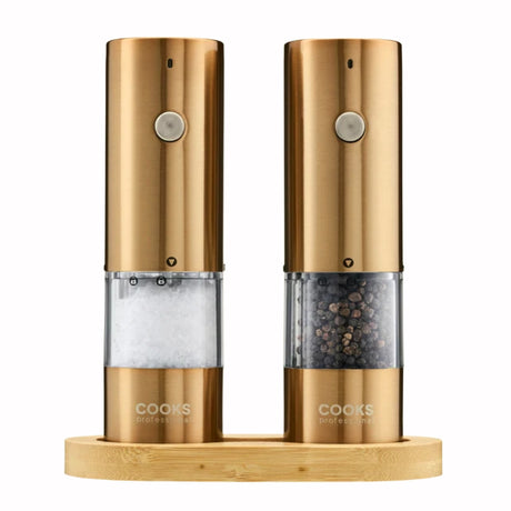 Cooks Professional Rechargeable Salt and Pepper Mill Set with Bamboo Base | Copper