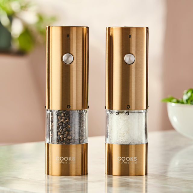 Cooks Professional Rechargeable Salt and Pepper Mill Set with Bamboo Base | Copper