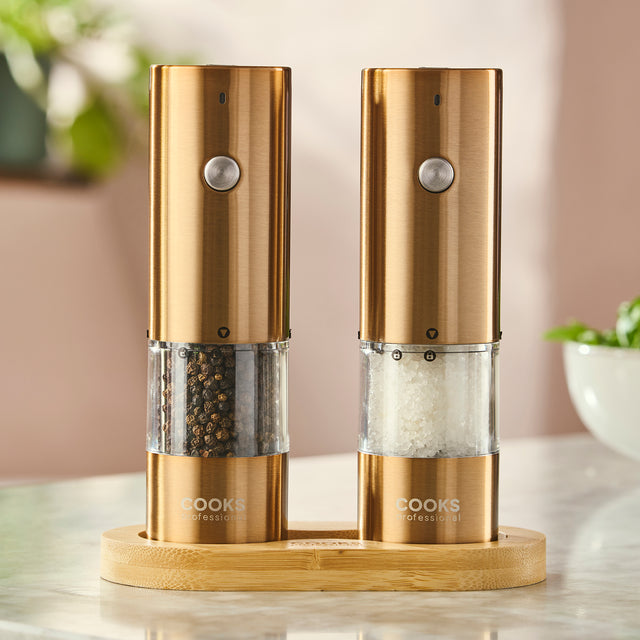 Cooks Professional Rechargeable Salt and Pepper Mill Set with Bamboo Base | Copper