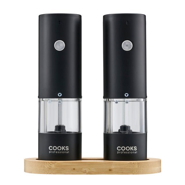 Cooks Professional Rechargeable Salt and Pepper Mill Set with Bamboo Base | Black