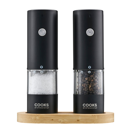 Cooks Professional Rechargeable Salt and Pepper Mill Set with Bamboo Base | Black