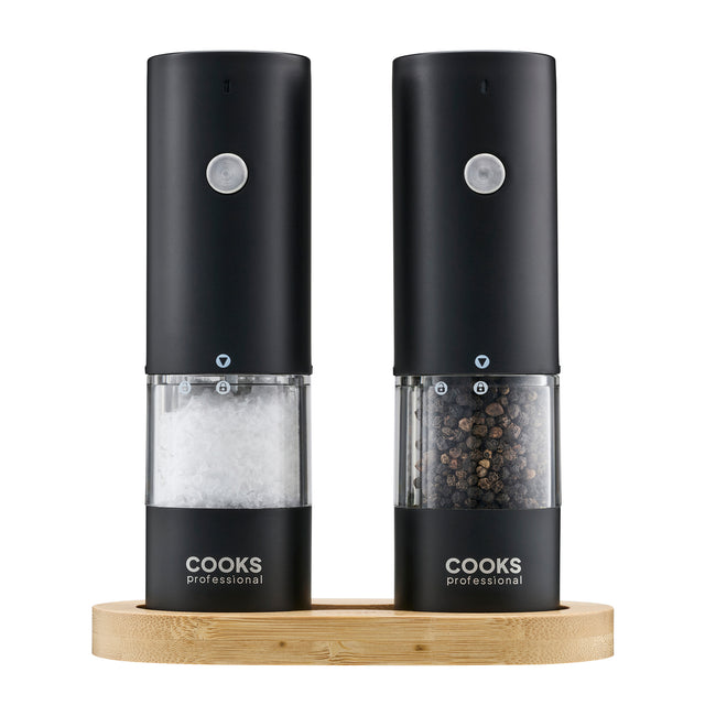 Cooks Professional Rechargeable Salt and Pepper Mill Set with Bamboo Base | Black