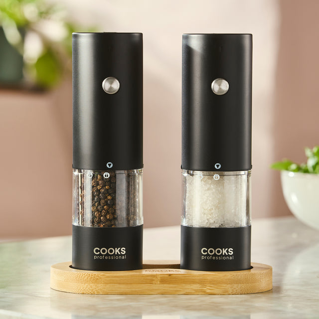 Cooks Professional Rechargeable Salt and Pepper Mill Set with Bamboo Base | Black